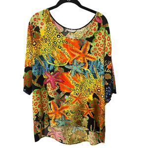 Jams World© Dolman Sleeve Sea Star Hawaiian Shirt Women's Medium Hi Low Art Wear